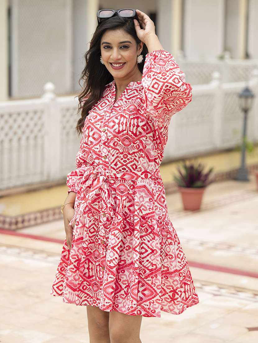 women printed mandarin neck puff sleeve fit & flare dress - 22069137 - Standard Image - 1