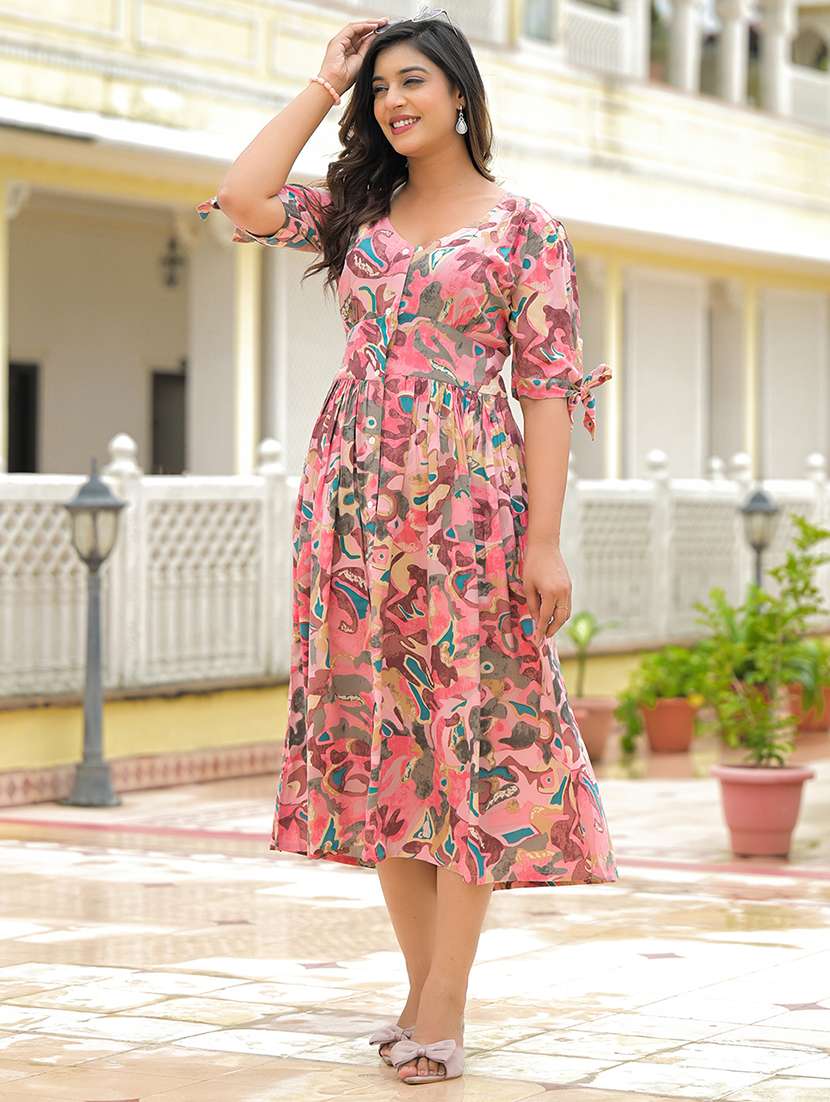 women printed puff sleeve fit & flare dress