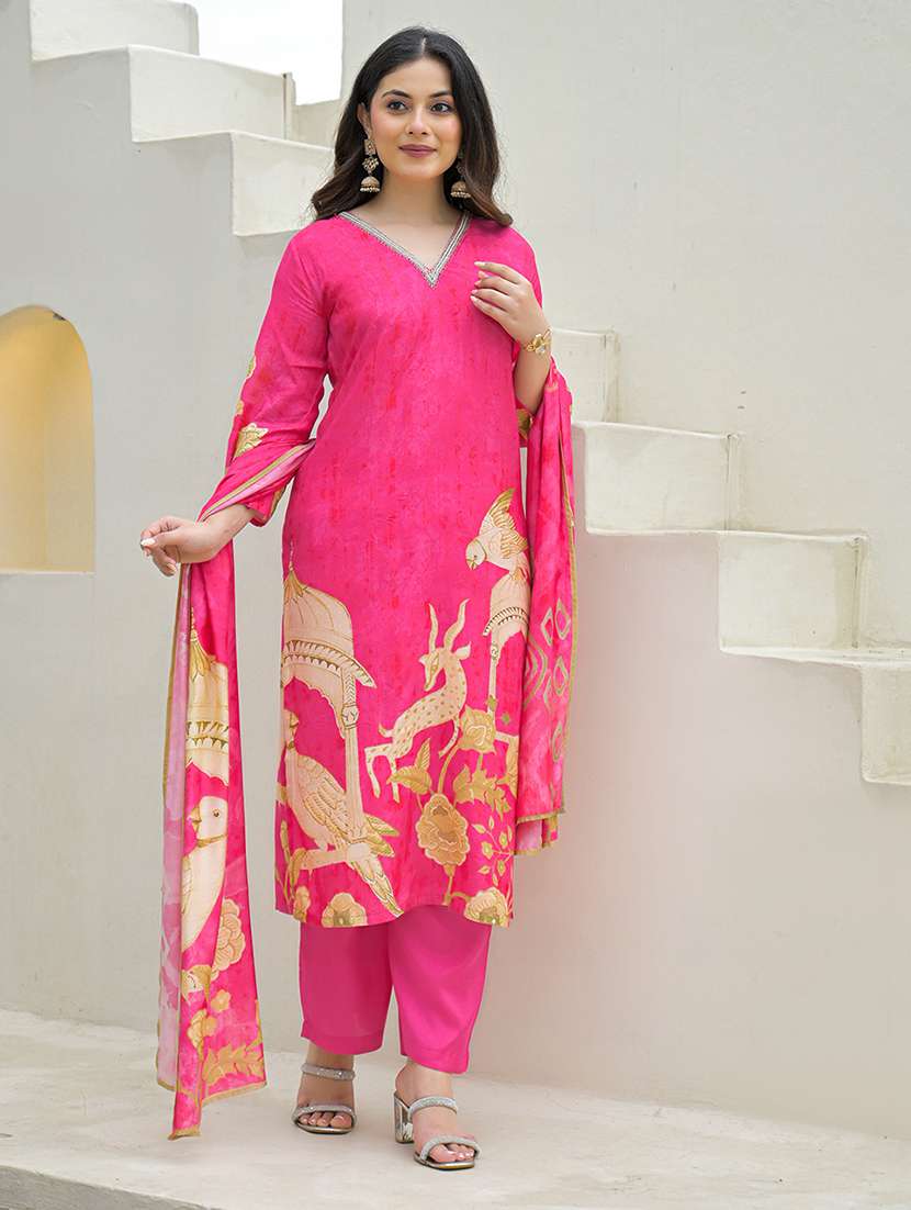women printed three quarter sleeve kurta pant with dupatta set - 22069215 - Standard Image - 1
