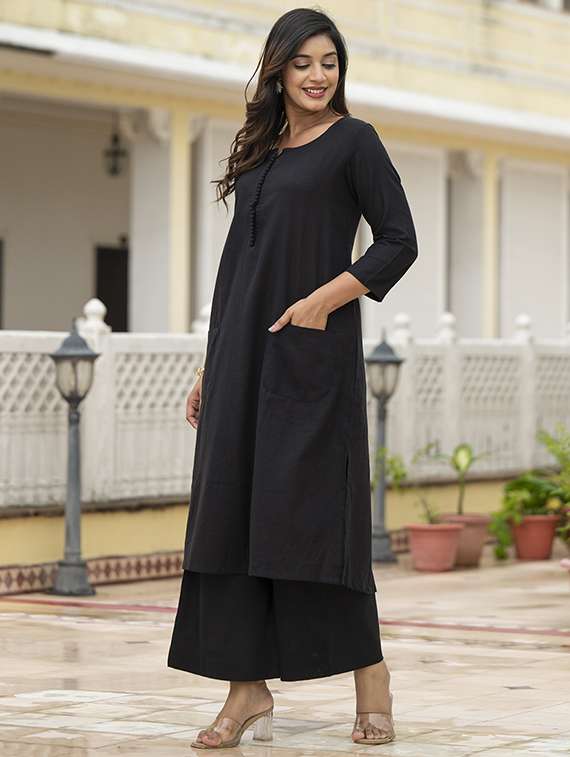 women solid three quarter sleeve kurta palazzo set - 22069219 -  Standard Image - 1