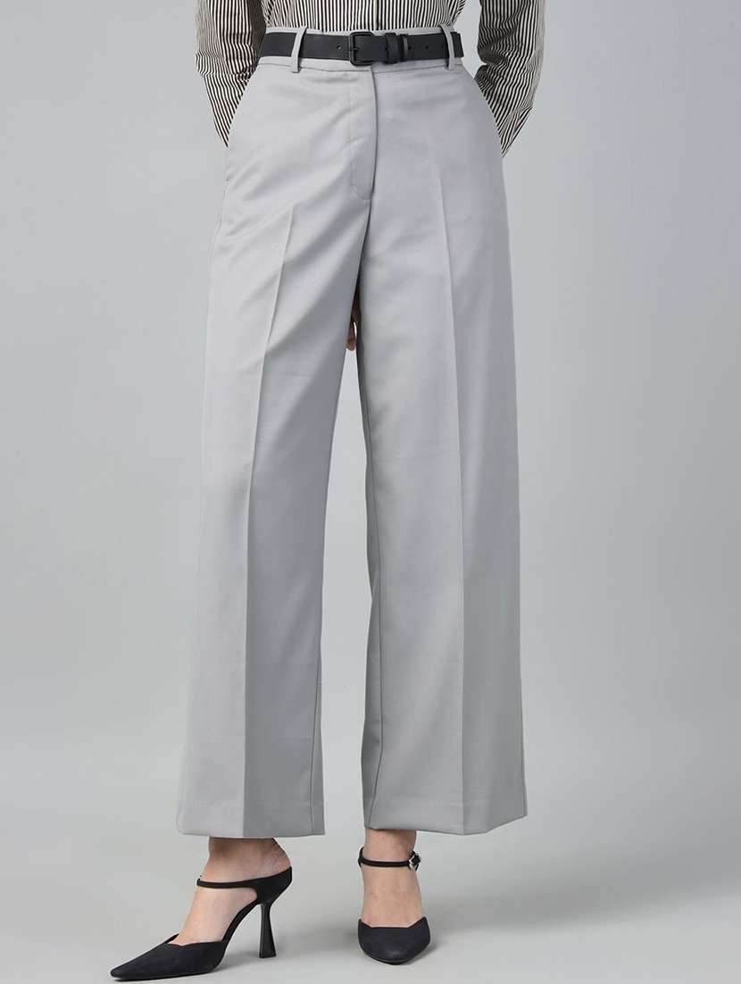 women solid high rise wide leg trouser