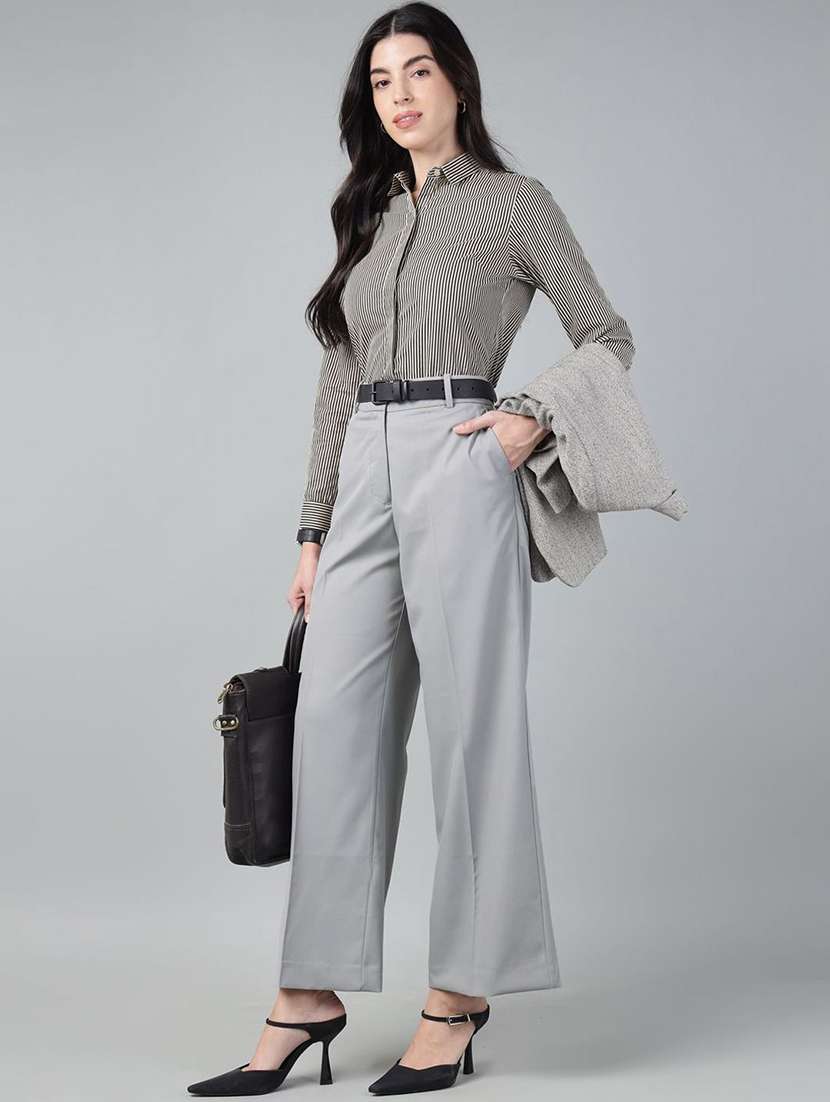 women solid high rise wide leg trouser - 22069329 -  Standard Image - 1