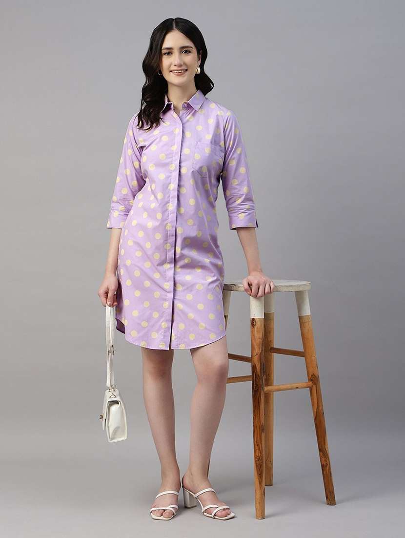 women polka doted collared shirt dress