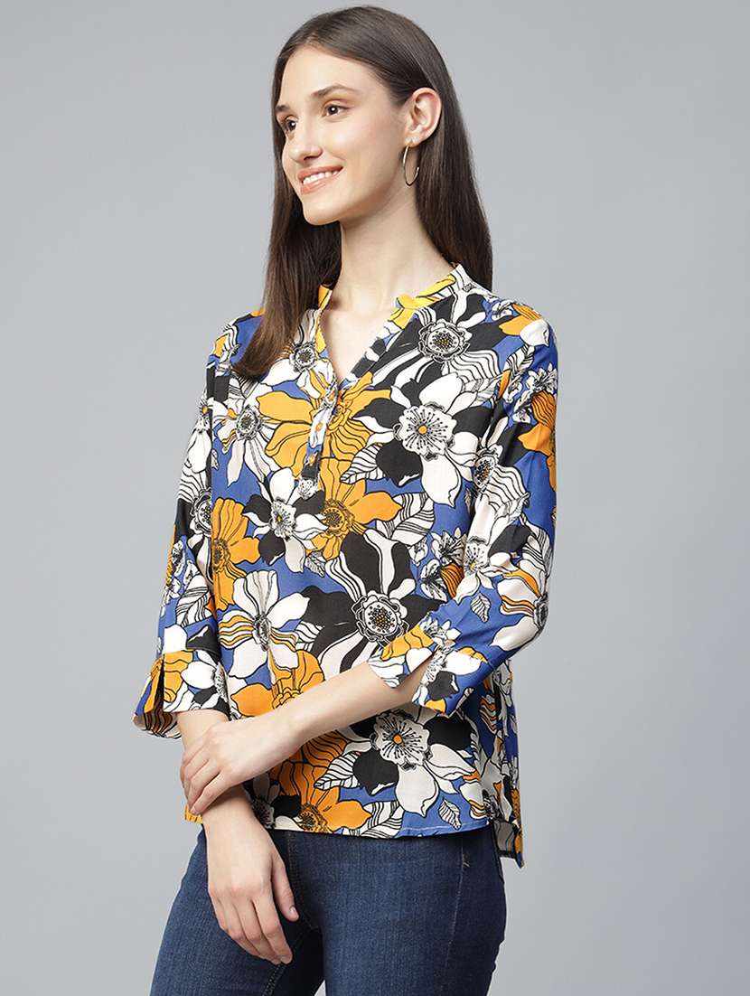 women printed three quarter sleeve regular fit top - 22069439 - Standard Image - 1