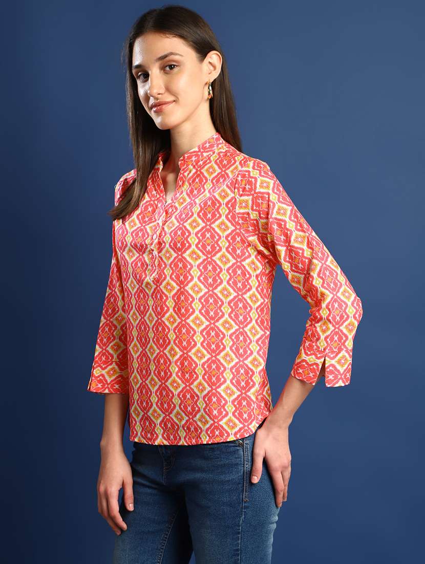 women printed three quarter sleeve regular fit top - 22069445 - Standard Image - 1