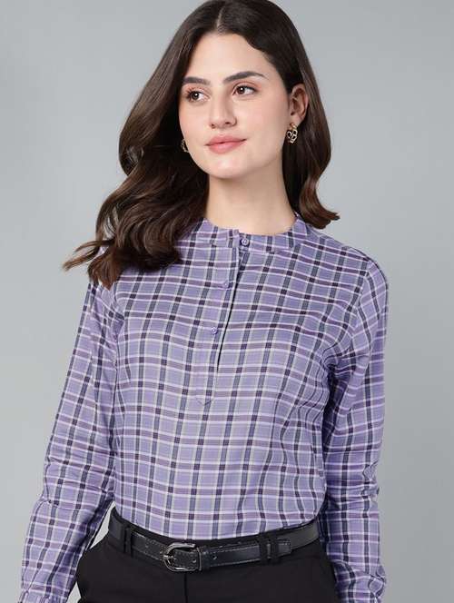 women checkered long sleeve regular fit top - 22069448 - Standard Image - 0
