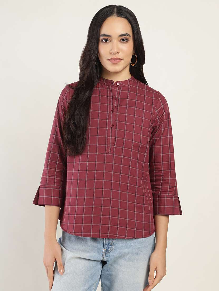 women checkered three quarter sleeve regular fit top