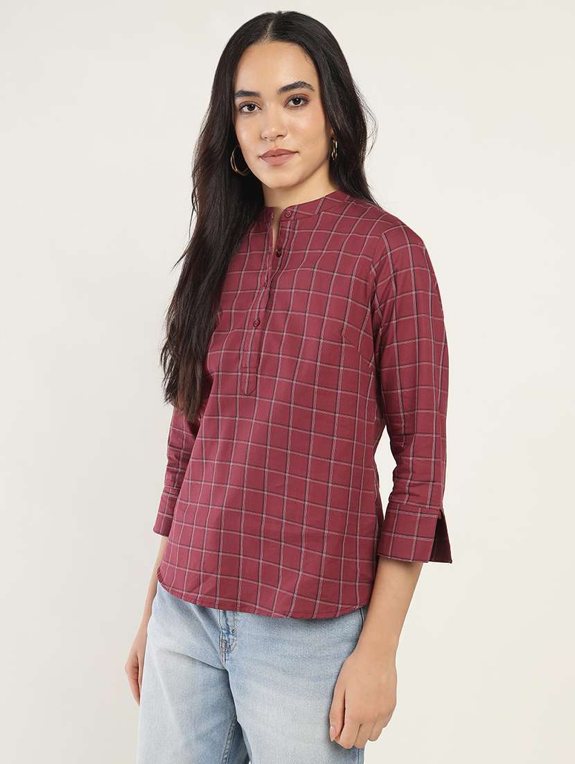 women checkered three quarter sleeve regular fit top - 22069452 - Standard Image - 1