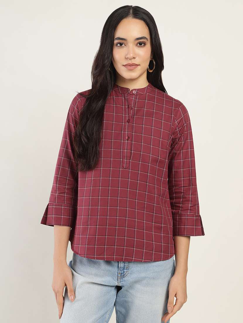women checkered three quarter sleeve regular fit top - 22069453 - Zoom Image - 0