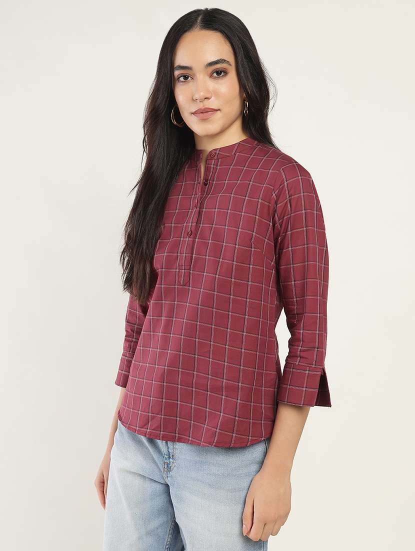 women checkered three quarter sleeve regular fit top - 22069453 - Standard Image - 1