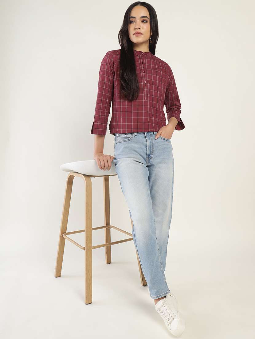 women checkered three quarter sleeve regular fit top - 22069453 - Standard Image - 4