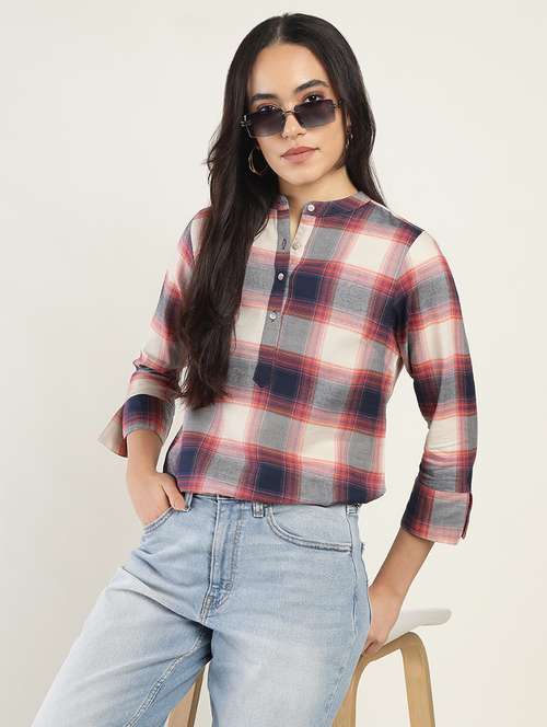 women checkered three quarter sleeve regular fit top - 22069454 -  Standard Image - 0