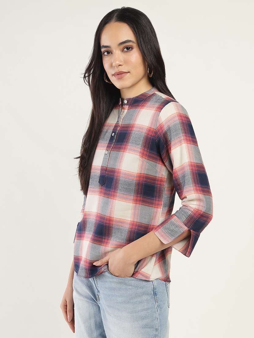 women checkered three quarter sleeve regular fit top - 22069454 -  Standard Image - 1