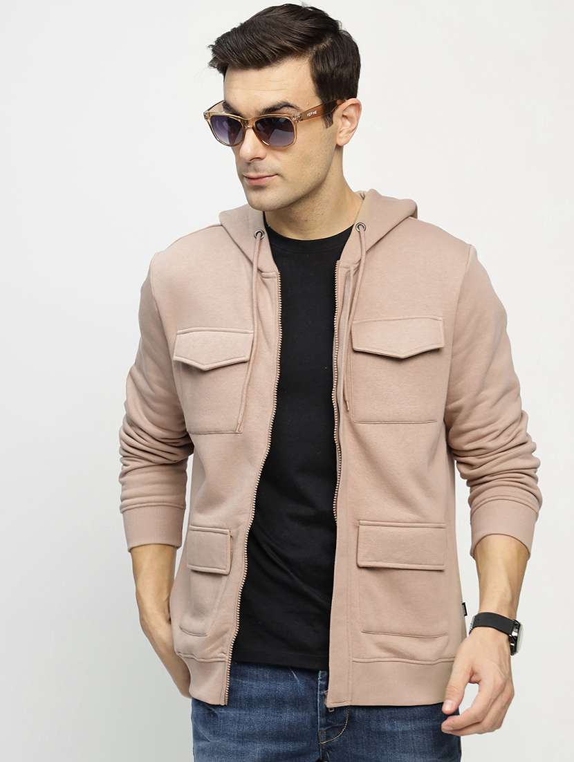 men solid long sleeve hooded sweatshirt