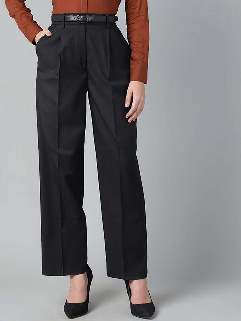 women solid high rise straight trouser