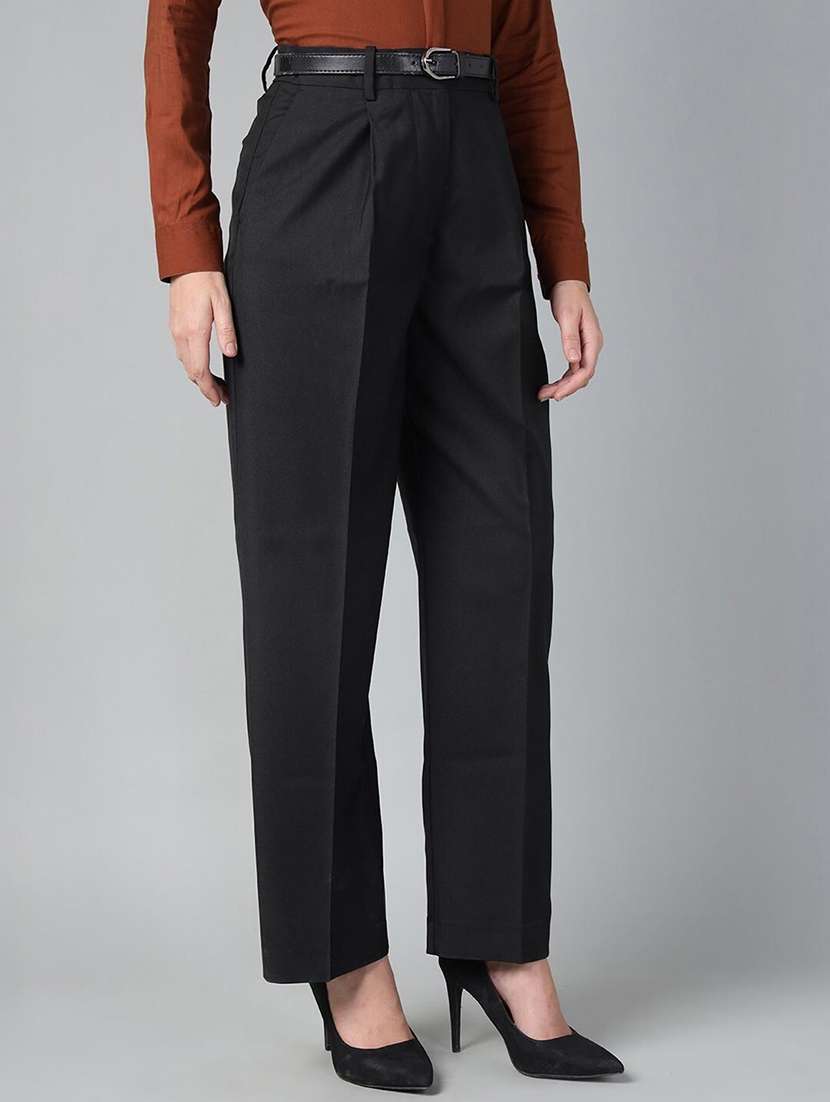 women solid high rise straight trouser - 22069491 -  Standard Image - 1