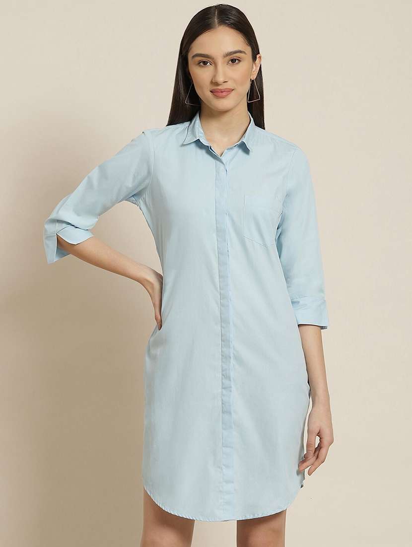 women light blue solid collared shirt dress
