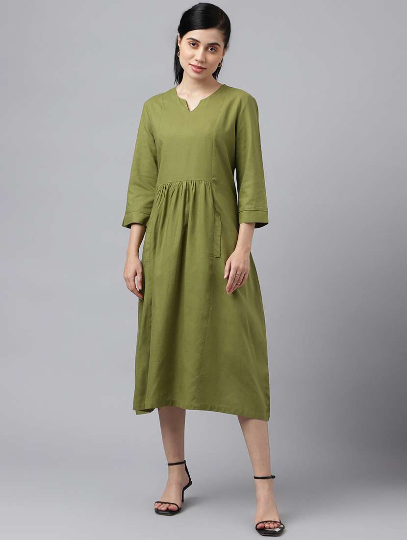 women olive solid notch neck a-line dress