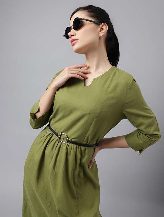 women olive solid notch neck a-line dress - 22069495 -  Standard Image - 1
