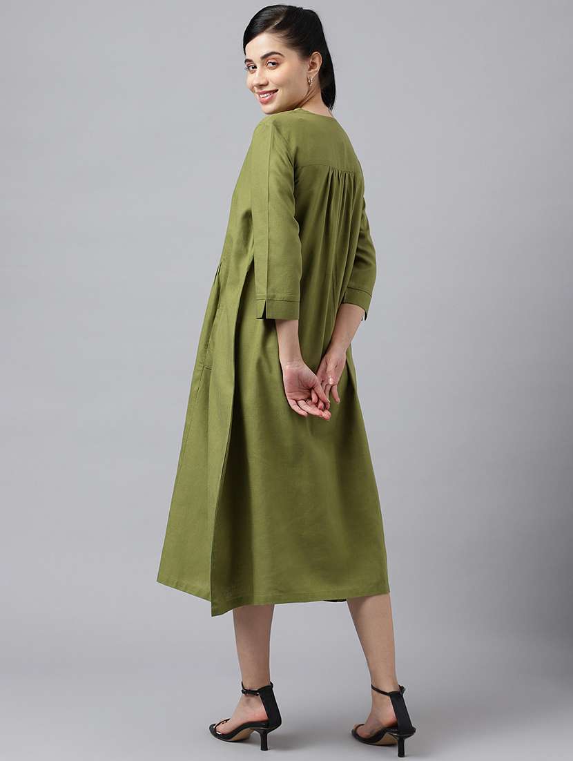 women olive solid notch neck a-line dress - 22069495 -  Standard Image - 4