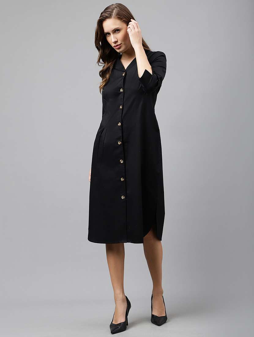 women black solid v-neck shirt dress