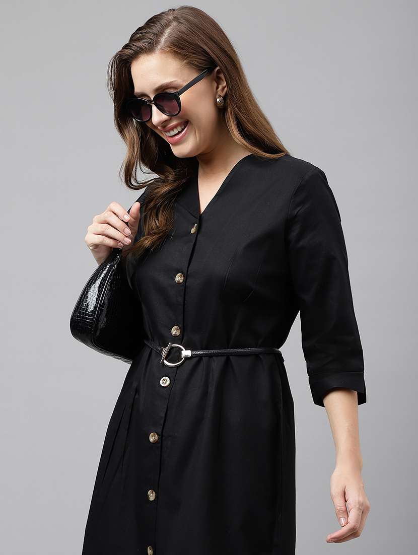 women black solid v-neck shirt dress - 22069502 - Standard Image - 1