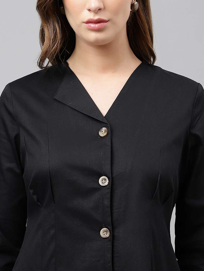 women black solid v-neck shirt dress - 22069502 - Standard Image - 4