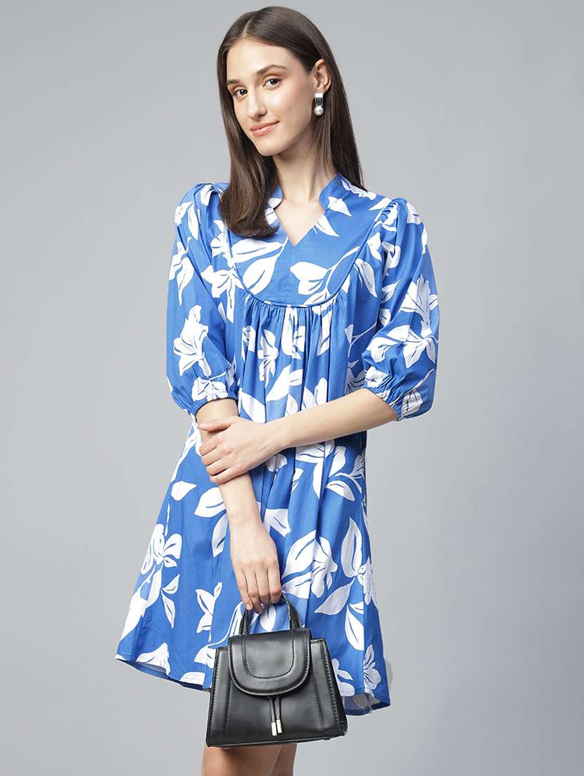 women printed puff sleeve a-line dress