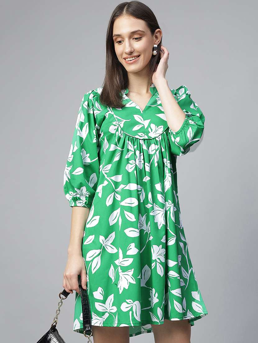 women green printed puff sleeve a-line dress