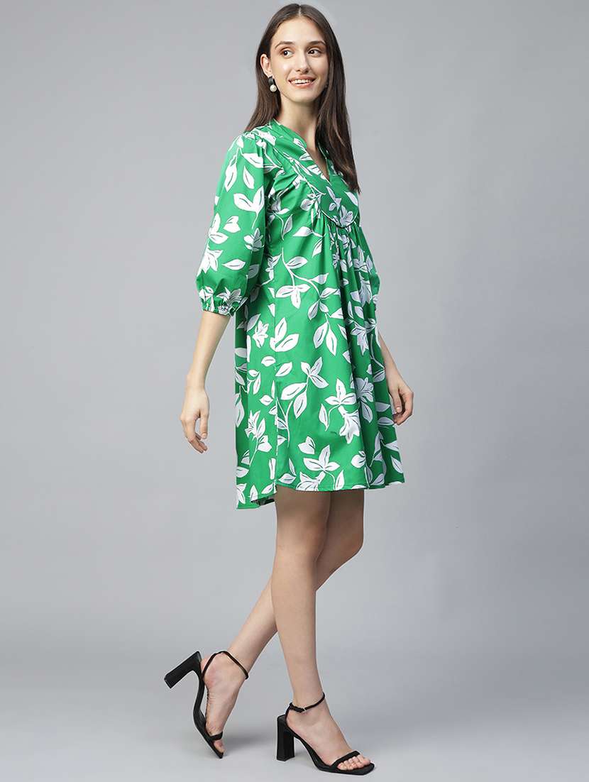 women green printed puff sleeve a-line dress - 22069510 -  Standard Image - 1