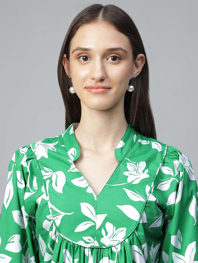 women green printed puff sleeve a-line dress - 22069510 -  Standard Image - 4