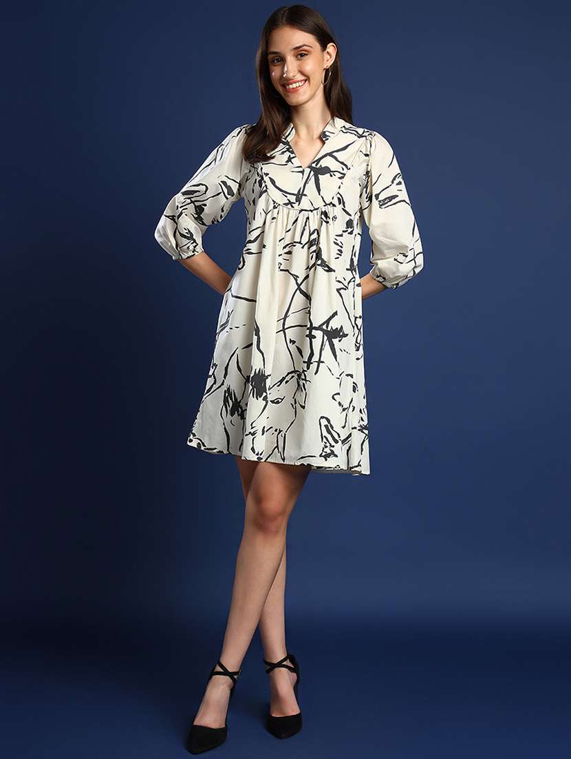 women white printed puff sleeve a-line dress - 22069512 -  Standard Image - 1
