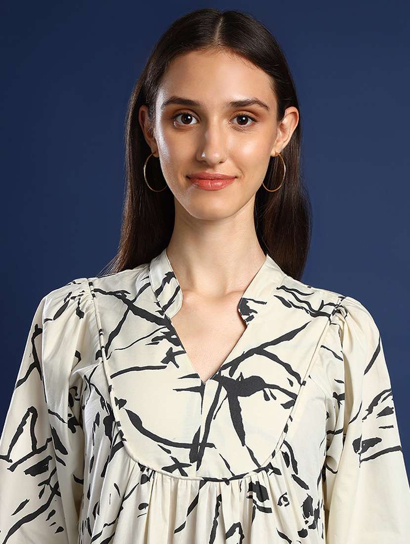 women white printed puff sleeve a-line dress - 22069512 -  Standard Image - 4