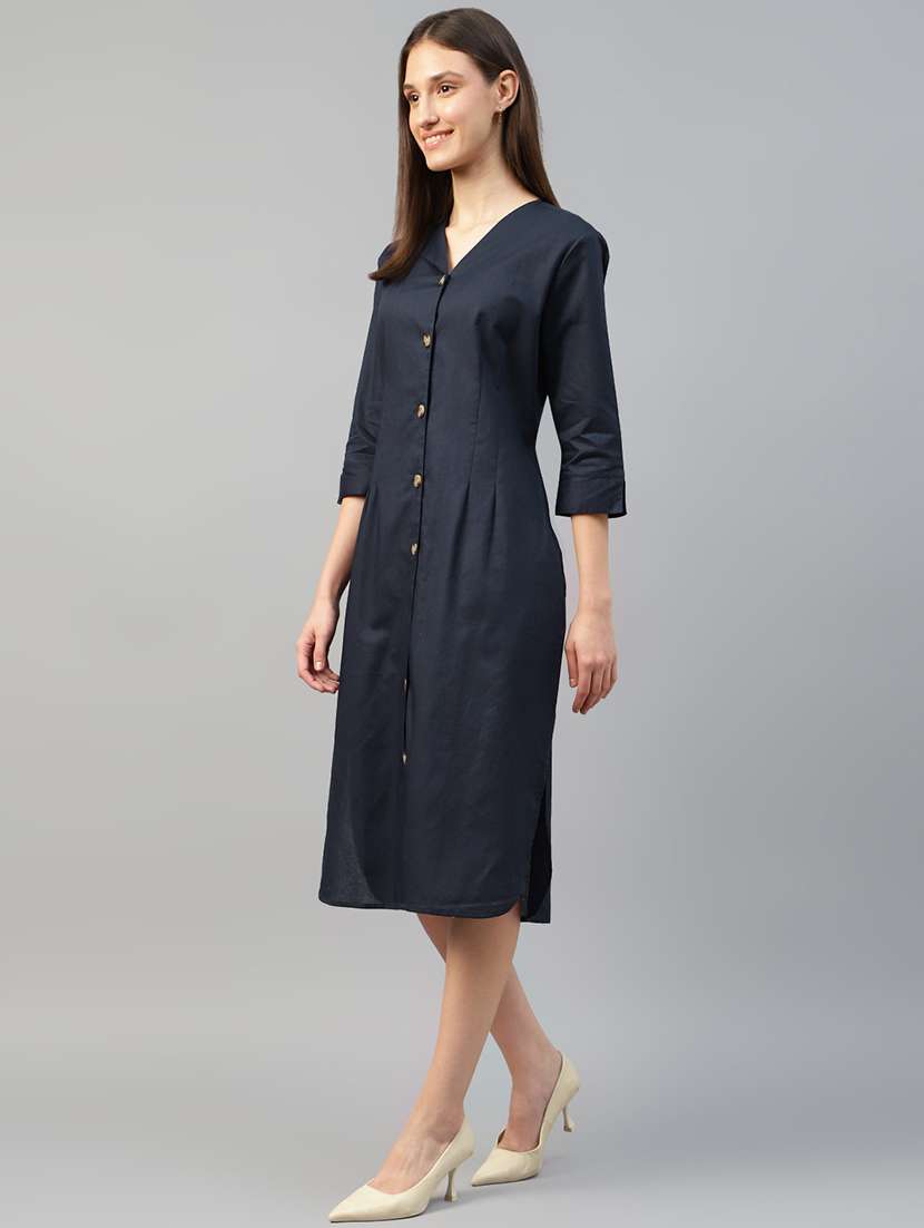 women navy blue solid three quarter sleeve shirt dress - 22069513 -  Standard Image - 1