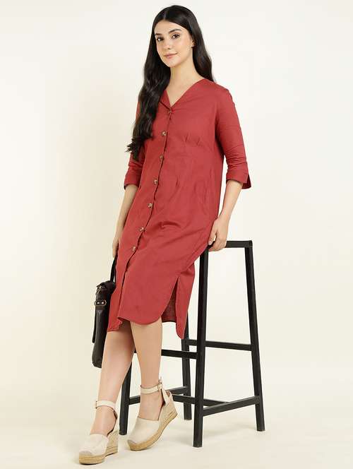 women solid three quarter sleeve shirt dress - 22069517 -  Standard Image - 0