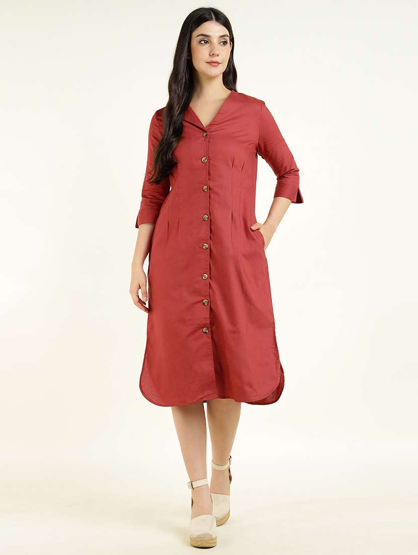 women solid three quarter sleeve shirt dress - 22069517 -  Standard Image - 1