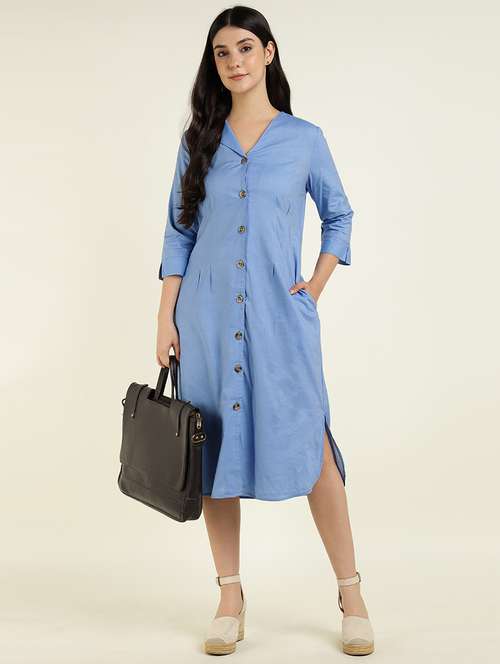 women solid three quarter sleeve shirt dress - 22069519 - Standard Image - 0