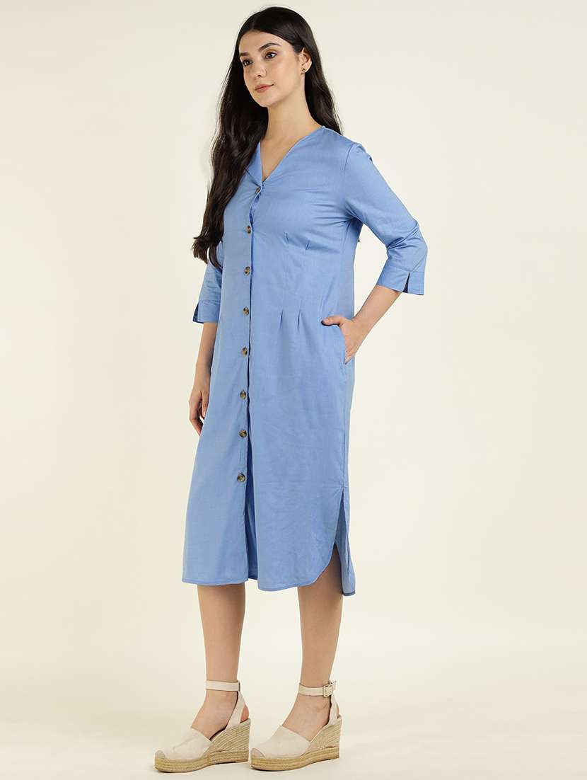 women solid three quarter sleeve shirt dress - 22069519 - Standard Image - 1