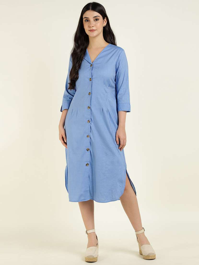 women solid three quarter sleeve shirt dress - 22069519 - Standard Image - 4