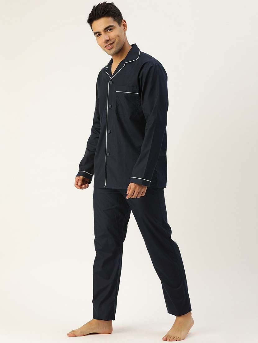men navy blue solid long sleeve sleepwear set - 22069536 -  Standard Image - 1