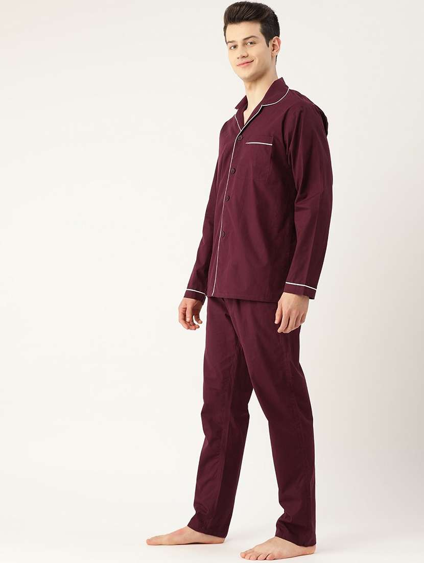 men maroon solid long sleeve sleepwear set - 22069539 -  Standard Image - 1