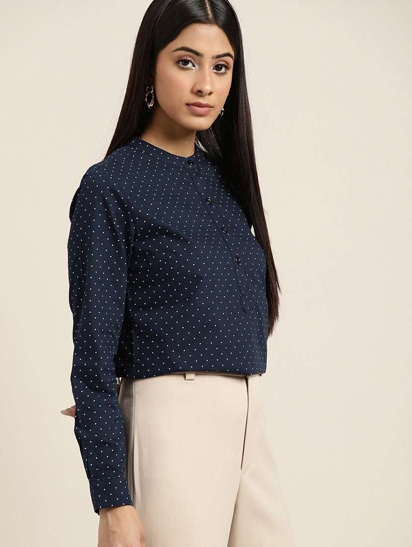 women polka doted mandarin neck long sleeve top - 22069591 -  Standard Image - 1