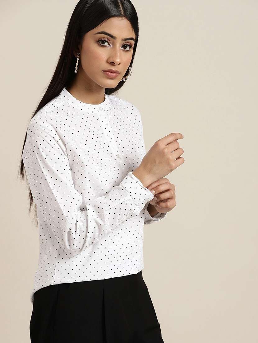 women polka doted mandarin neck long sleeve top - 22069592 -  Standard Image - 1