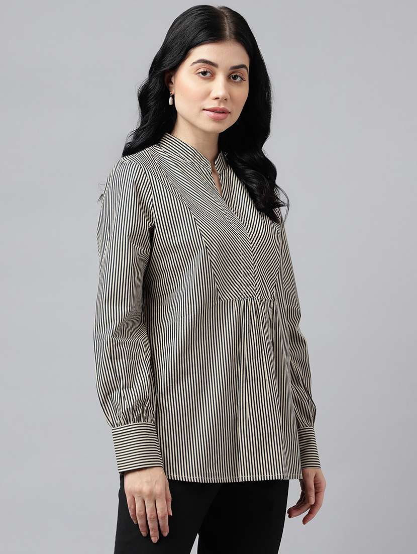 women striped mandarin neck long sleeve top - 22069594 - Standard Image - 1