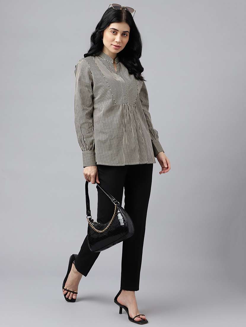 women striped mandarin neck long sleeve top - 22069594 - Standard Image - 4
