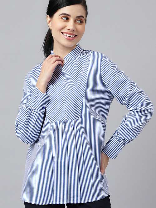 women striped mandarin neck long sleeve top - 22069595 -  Standard Image - 0