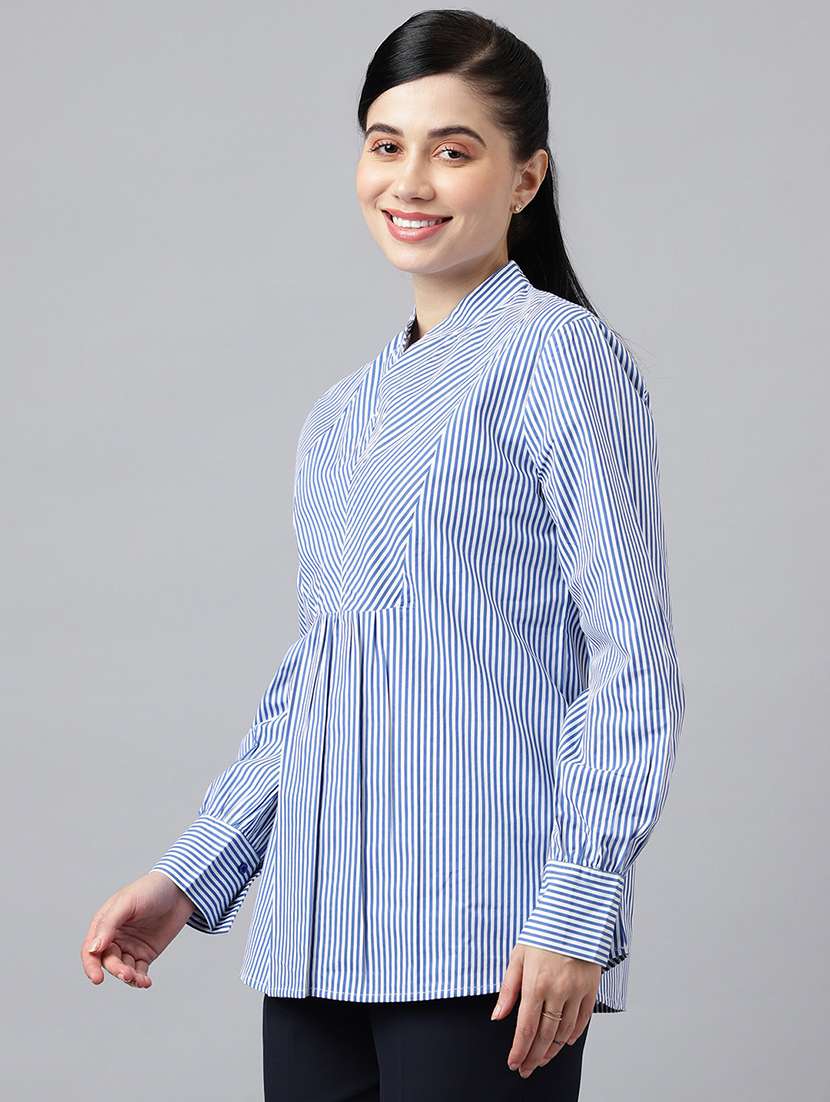 women striped mandarin neck long sleeve top - 22069595 - Standard Image - 1