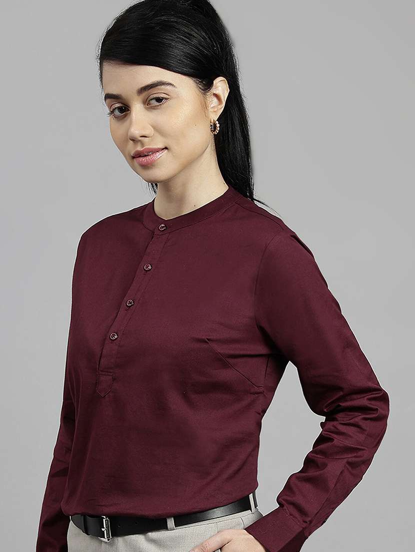 women solid mandarin neck long sleeve top - 22069601 -  Standard Image - 1