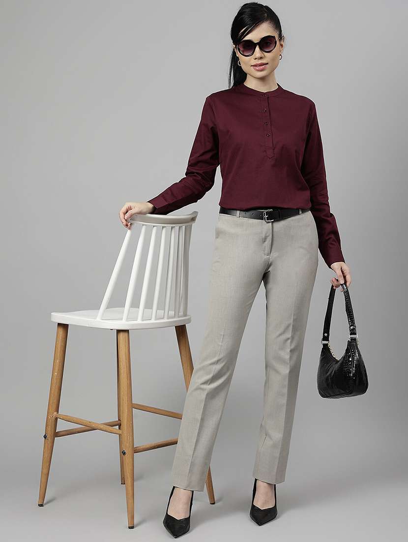 women solid mandarin neck long sleeve top - 22069601 - Standard Image - 4