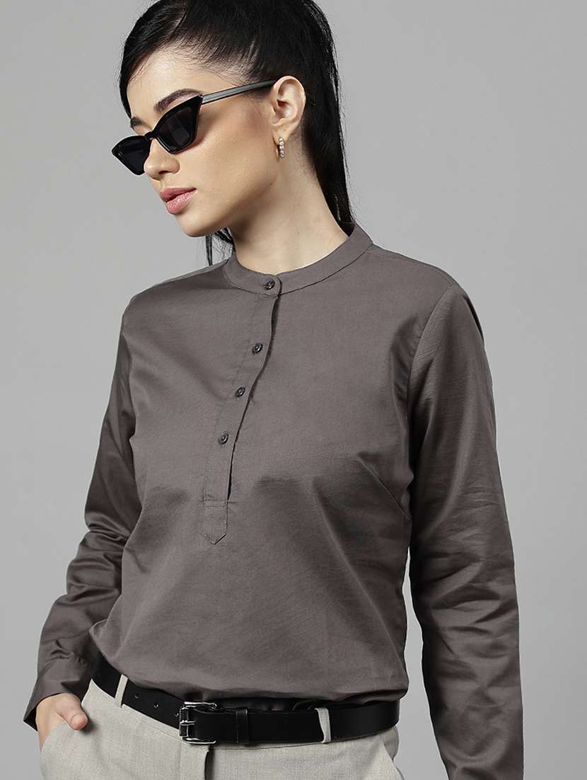 women solid mandarin neck long sleeve top
